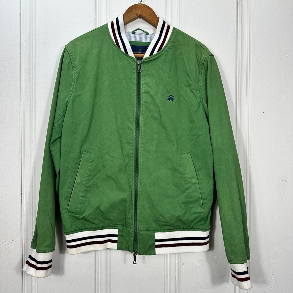 Brooks Brothers Bomber Jacket Mens M Green Striped Trim Cotton Zip Up